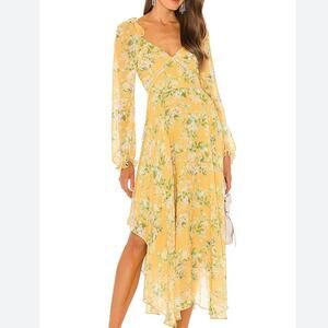 Sau Lee yellow floral midi dress with long sleeves